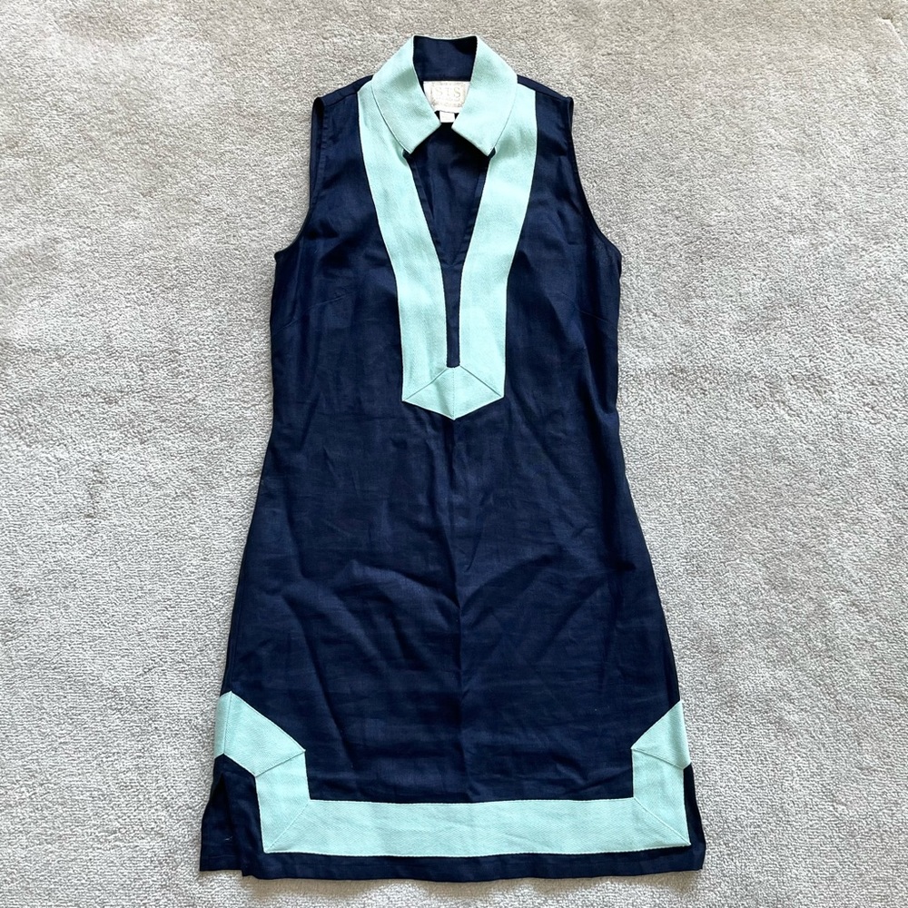 SAIL TO SABLE Linen Classic Sleeveless TUNIC DRESS Navy Turquoise Size XXS - Picture 2 of 11